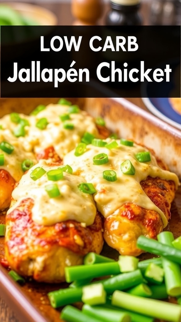 Low carb jalapeño popper chicken bake with cheese and jalapeños, garnished with green onions in a rustic baking dish.